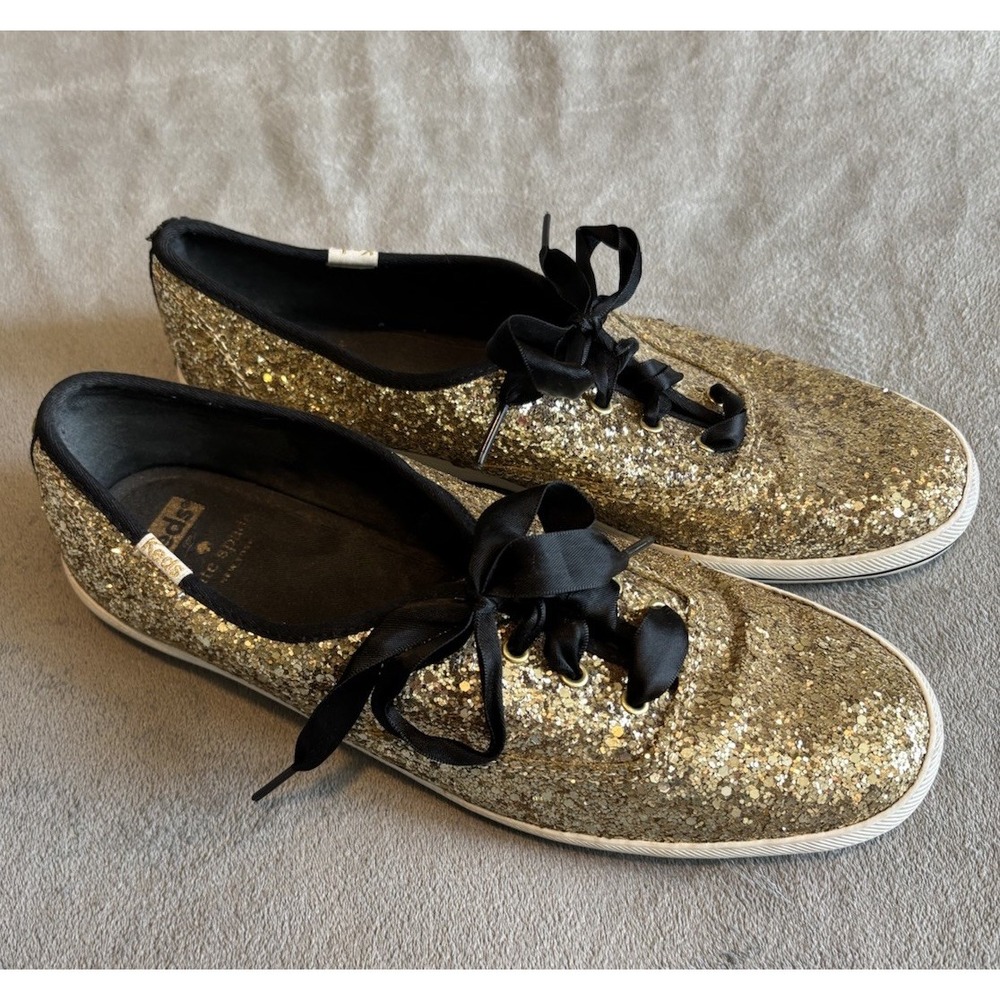 Keds By Kate Spade New York Gold Sneakers Sz 9.5 M Glitter Sparkle Satin Laces